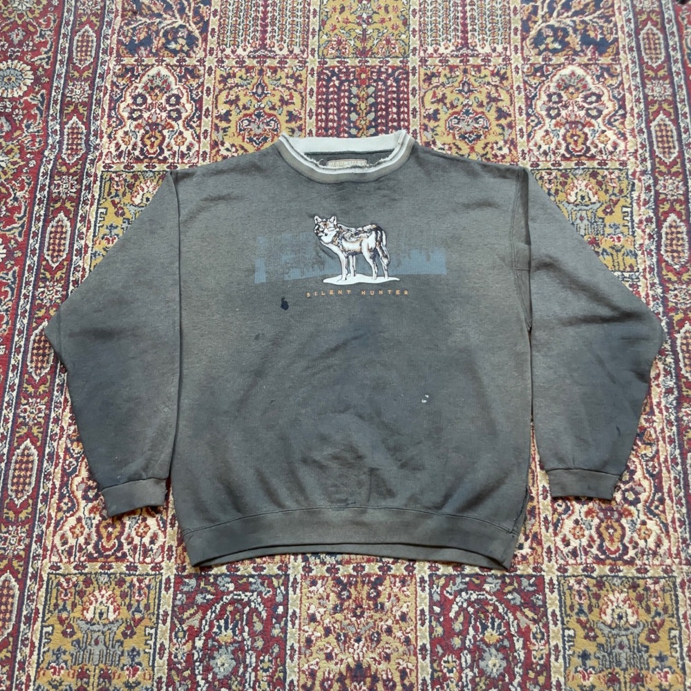 VTG 90s Headwaters Silent Hunter Wolf Embroidered Sweatshirt Gray Faded L Ringer